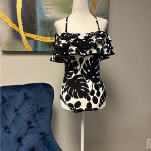 Kate Spade Black and White Leaf Ruffle One Piece